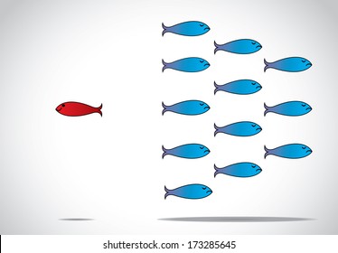 a sharp smart alert happy red fish with open eyes going in the opposite direction of a group of sad blue fishes with closed eyes : Be different or unique concept design vector illustration art