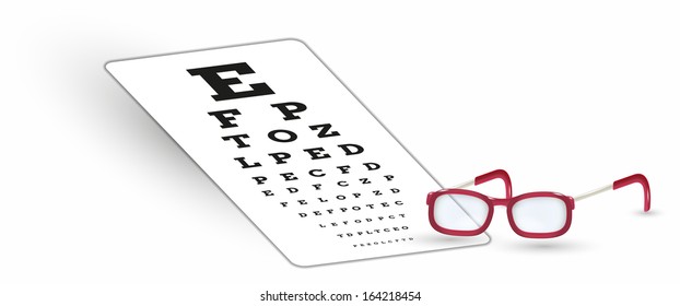 sharp snellen chart and glasses with shadow on white background