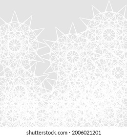 Papel de fondo monocromado de la espuma de la luz gris plateada de las estrellas blandas y nítidas. El Lujoso Pastel De Hielo Frío Complicado Mandala Chaotic Design Pic. El Misterio del Invierno Blanco Satánico Calle Ornamento Ornamental Folk.