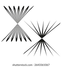Sharp spike star. Elongated petal shape. Vector silhouette design. Contrast black outline.