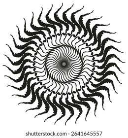 Sharp spiral figure. Dynamic black shape. Optical swirl motion. Vector contrast element.