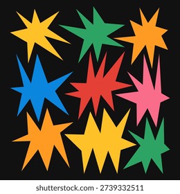 Sharp star bursts with irregular edges create dynamic starburst shapes perfect for abstract vector designs, bold graphics, and eye-catching geometric patterns with spiky points.