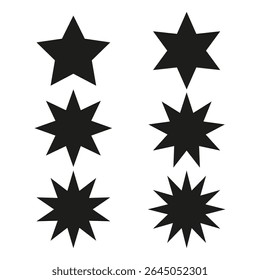 Sharp star symbols. Silhouette shape set. Vector spiky elements. Abstract black forms.