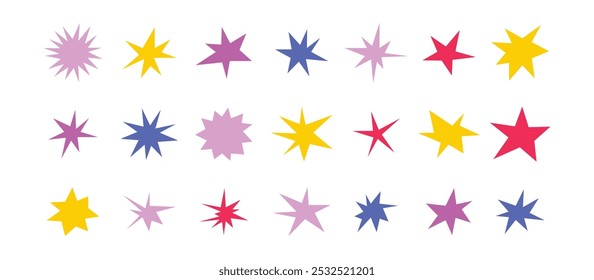 Formas de estrelas afiadas definidas. Brilhantes faíscas irregulares, piscadas coloridas. Abstrato brilho nervoso e estrelas elementos pacote. Formas assimétricas. Ilustração vetorial