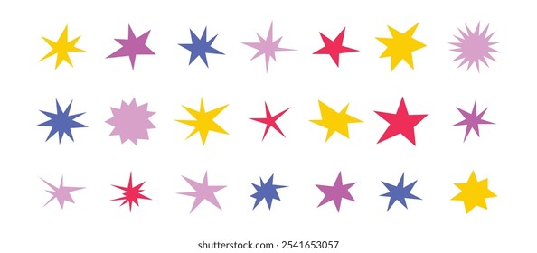 Formas de estrelas afiadas definidas. Brilhantes faíscas irregulares, piscadas coloridas. Abstrato brilho nervoso e estrelas elementos pacote. Formas assimétricas. Ilustração vetorial