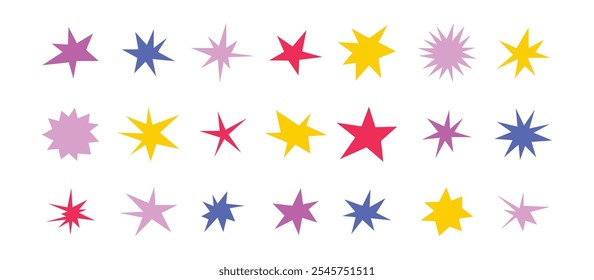 Sharp stars shapes set. Bright irregular sparks, colorful twinkles. Abstract edgy sparkle and stars elements pack. Asymmetry forms. Vector illustration