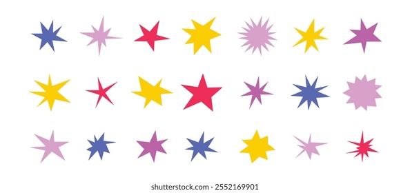 Formas de estrelas afiadas definidas. Brilhantes faíscas irregulares, piscadas coloridas. Abstrato brilho nervoso e estrelas elementos pacote. Formas assimétricas. Ilustração vetorial