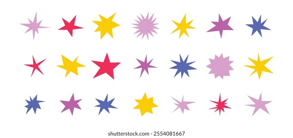 Sharp stars shapes set. Bright irregular sparks, colorful twinkles. Abstract edgy sparkle and stars elements pack. Asymmetry forms. Vector illustration