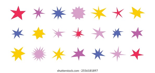 Sharp stars shapes set. Bright irregular sparks, colorful twinkles. Abstract edgy sparkle and stars elements pack. Asymmetry forms. Vector illustration