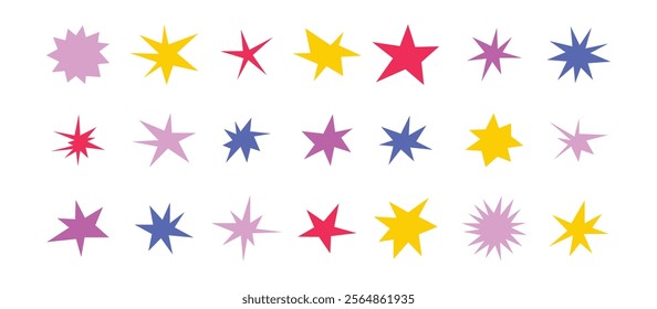 Sharp stars shapes set. Bright irregular sparks, colorful twinkles. Abstract edgy sparkle and stars elements pack. Asymmetry forms. Vector illustration