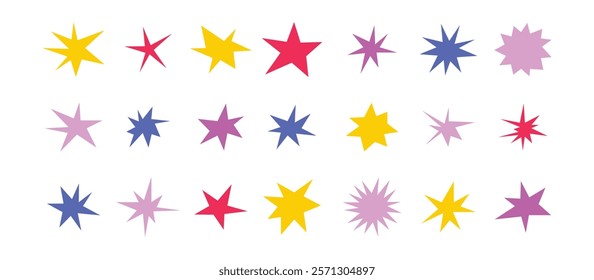 Sharp stars shapes set. Bright irregular sparks, colorful twinkles. Abstract edgy sparkle and stars elements pack. Asymmetry forms. Vector illustration