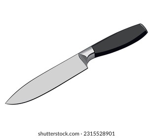 Sharp steel blade, handle of metallic knife over white