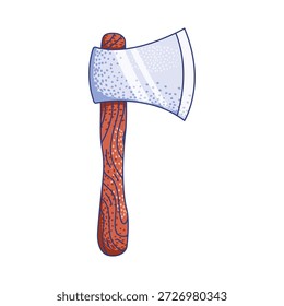 a sharp steel hatchet featuring a detailed wood grain handle and a textured blade finish