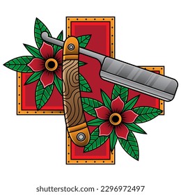 sharp straight razor tattoo, vector EPS 10