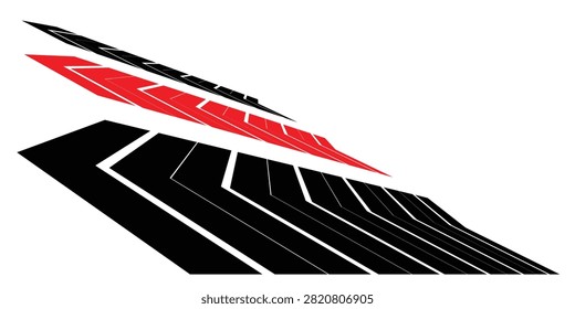 Sharp striped sports pattern. Arrow. Vector pattern. Red and black design element on a white background. Racing application on the body of a car, boat, toy, sportswear. Vector background. speed, fligh