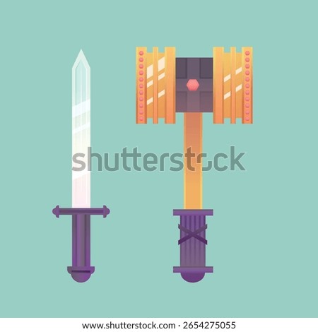 Sharp sword and golden hammer vector isolated on background. Fantasy game weapon vector. Medieval  war Weapon set collection. Warrior weapon vector.