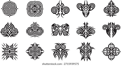 Sharp, symmetrical tribal icons including stylized masks and shield shapes perfect for logos or ink art.