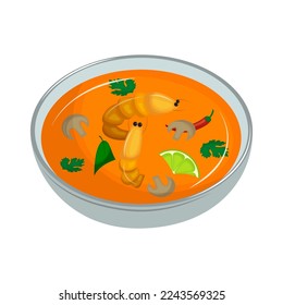 Sharp Thai soup - Tom Yam with shrimp, lime and chili. Traditional Asian cuisine. Vector illustration. Cartoon.