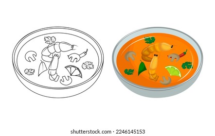 Sharp Thai soup - Tom Yam with shrimp. Kids coloring book for elementary school. Traditional Asian cuisine. Vector illustration. Cartoon.