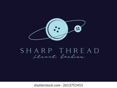 Sharp thread street fashion store with button and safety pin label in minimalist linear art style drawing on blue background