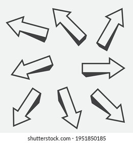 Sharp three-dimensional arrows sign set isolated on gray background. Isometric black arrow download upload forward up down left right symbol icon collection