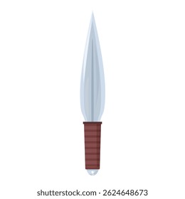Sharp throwing knife with a wooden handle pointing upwards, isolated on white
