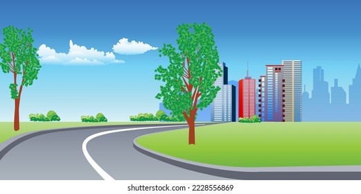 Un giro abrupto de la carretera que lleva a la ciudad cercana. Ilustración vectorial.