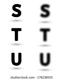 sharp and unsharp alphabet letters with shadow / font. Sharp as a symbol of good sight and unsharp as a symbol for bad eyes and needed of glasses.
