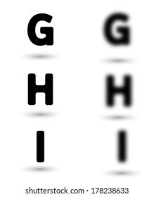 sharp and unsharp alphabet letters with shadow / font. Sharp as a symbol of good sight and unsharp as a symbol for bad eyes and needed of glasses.