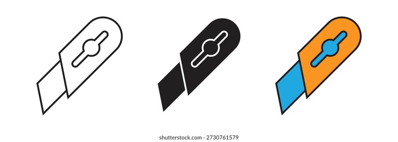 Ícones de faca de utilidade afiada em vários estilos, ideal para ofício DIY, construção, papelaria de escritório, abertura de embalagem e conceitos de ferramenta de trabalho manual.