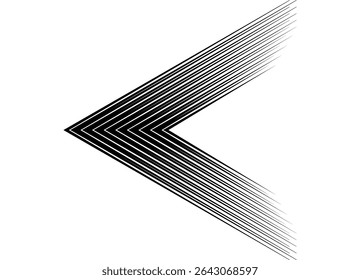 Sharp Vector arrow from parallel black lines on white background. Striped design element in retro style. Direction indicator, Navigation, Dynamic sports pattern. Vector background. Game,