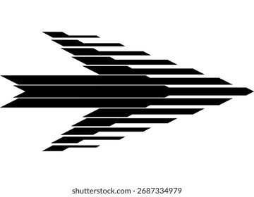 Sharp Vector arrow - pointer from black lines on a white background. Striped pattern on the body of a car, boat, sportswear, toy. Sports design element. Vector background. Racing. game.