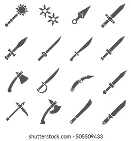 sharp weapon icons set. steel arms, simple symbols collection. ancient swords, axes, isolated vector monochrome illustration