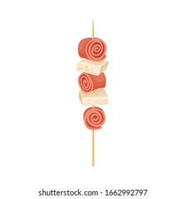 Sharp Wood Stick with Sliced Bacon and Tofu Placed on It Vector Illustration