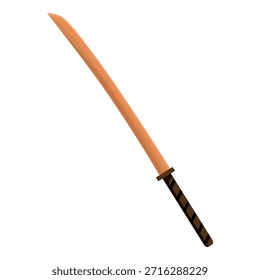 Espada katana de madera afilada que apunta hacia arriba, aislada sobre un fondo blanco, que representa las artes marciales japonesas y la cultura samurái
