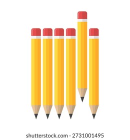 Lápis de madeira afiada e ferramentas de desenho de grafite com borrachas isoladas em um fundo branco para escola, escritório e educação artística
