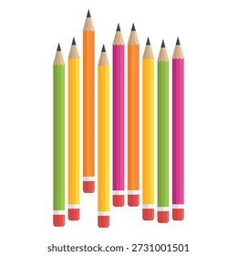 Lápis de madeira afiada e ferramentas de desenho de grafite com borrachas isoladas em um fundo branco para escola, escritório e educação artística