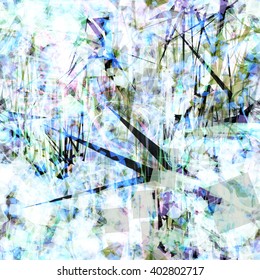 Sharp-angled elements. Seamless vector pattern. White, gray, blue, brown and black. As a branch in the snow. Random intersection squares scratches and wavy lines.