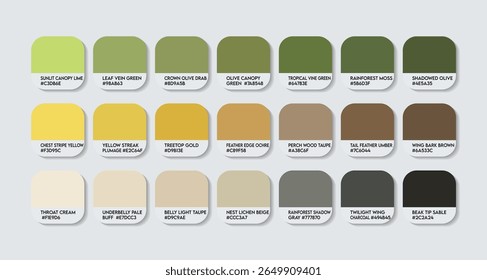 Paleta de Cores de Nitidez. Gráfico de amostra de tom de cor nítida com códigos HEX e nomes de cores. Oxyruncus cristatus Variantes de Tons de Pena e Corpo. Novo verde, amarelo, creme cores Paleta vetor EPS