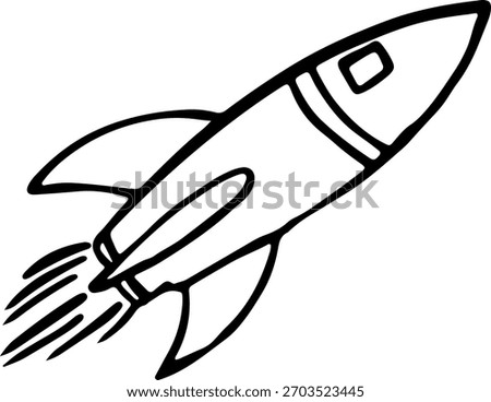 Sharp-edged black and white rocket illustration with angular fins, flying diagonally.