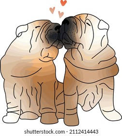 Sharpei dog kissing, funny pet sketch. Dog illustration. Sharpei with folds. 