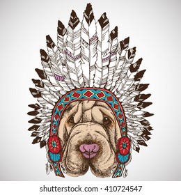 Sharpei in an Indian headdress leader. Trendy dog portrait.  Hand drawn vector illustration.