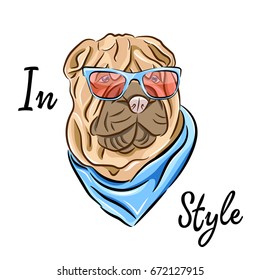 Sharpei portrait in a glasses and with a blue neckerchief. Vector illustration.