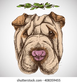 Sharpei portrait. Puppy in the laurel wreath. Vector illustration for your blog, logo and other design.