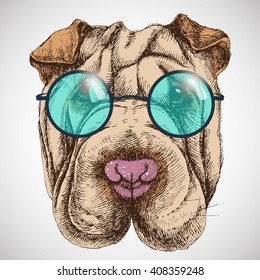 Sharpei in the round sunglasess. Chic dog portrait. Fashion vector illustration for your blog, logo and other design.