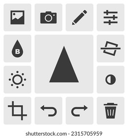 Sharpen icon vector design. Simple set of photo editor app icons silhouette, solid black icon. Phone application icons concept. Sharpen, blur, adjust, filter, saturation, crop, undo, redo buttons