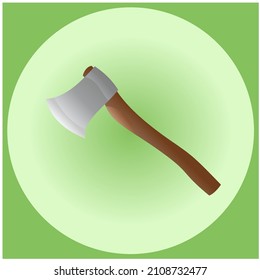 The sharpened ax with a wooden shaft on a green background