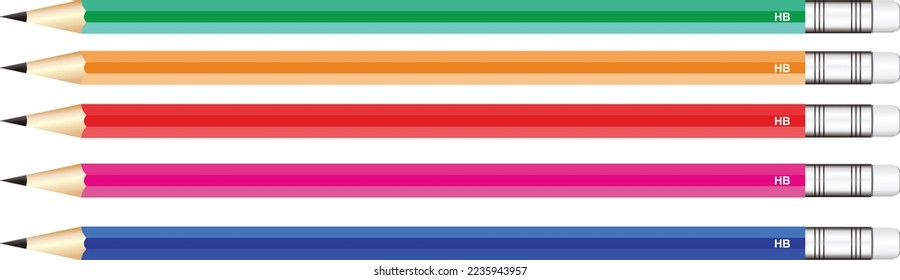Sharpened colorful pencil illustration. with white rubber. Flat design. Vector.