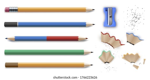 Sharpened colorful pencils stationery set and sharpener. Creative collection for drawing. Vector sharpened pencils realistic illustration isolated on white background