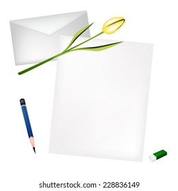 A Sharpened Pencil, Eraser and Beautiful Yellow Tulip Laying on Blank Paper and Envelope. 
